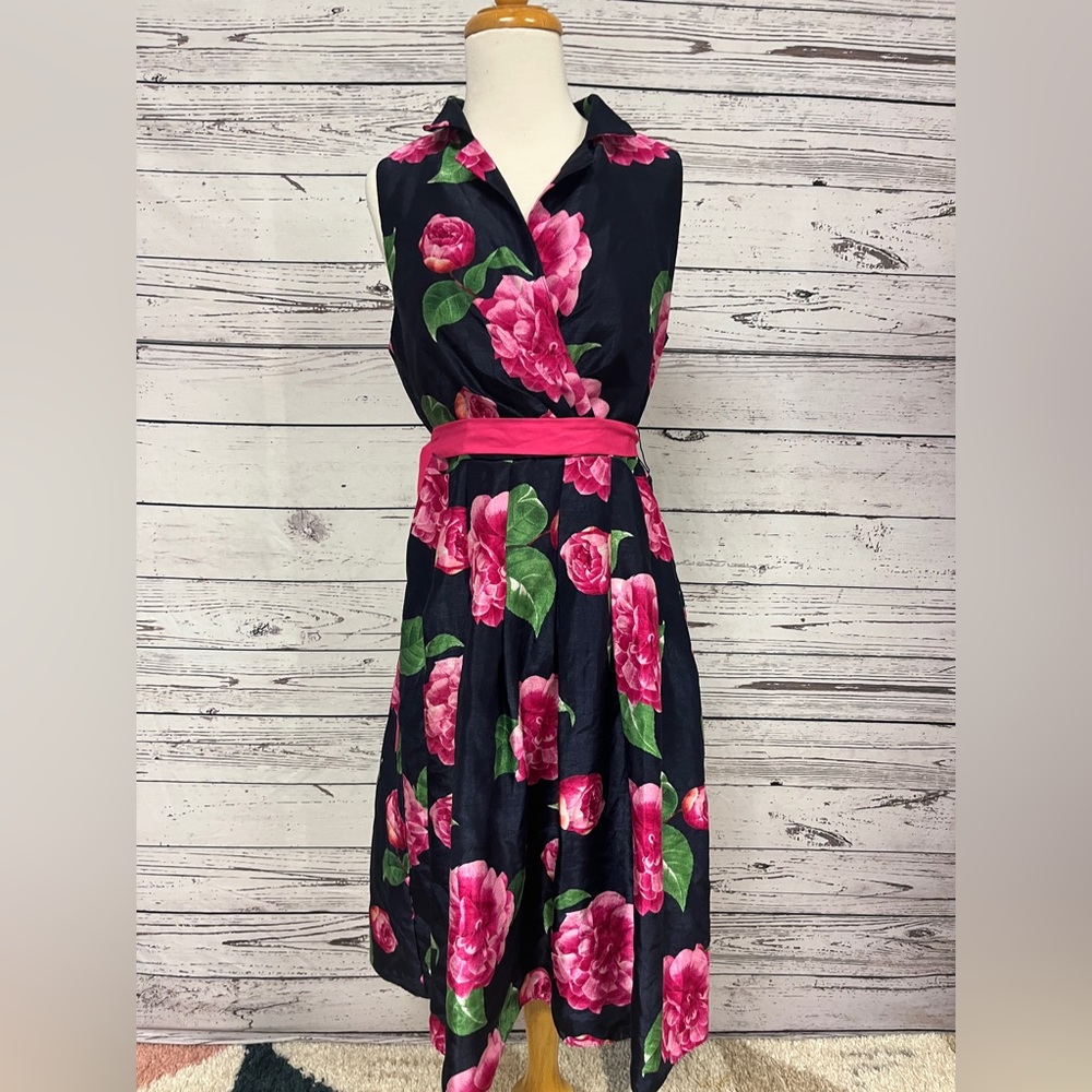 JESSICA HOWARD Pink Hydrangea and Navy Colored Floral Belted Dress